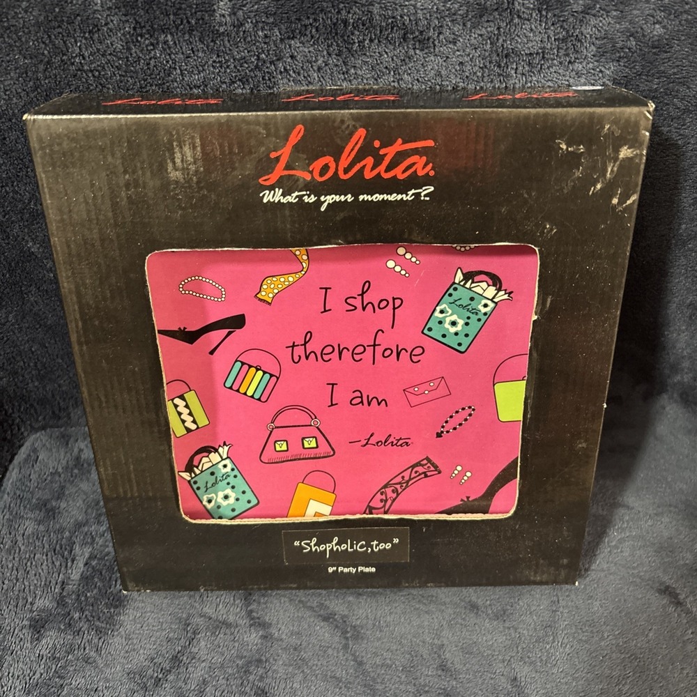 New In Box Lolita I Shop Therefore I Am "Shopholic, too" Square Plate 9"